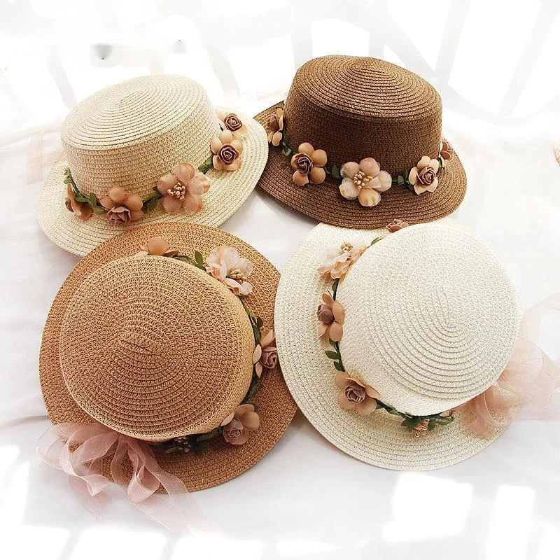 New Parent-child Summer New Women\'s Sun Hat Bucket cap beige lace Bowknot Flowers Ribbon Flat top Straw Hat Beach Caps Panama