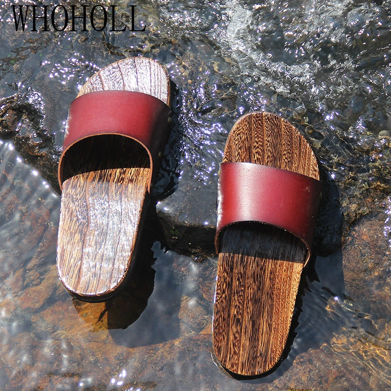 WHOHOLL Geta Man‘s Summer Slippers Non-slip Beach Slippers Men\'s Wooden Cool Deodorization Wooden Clogs Outdoor