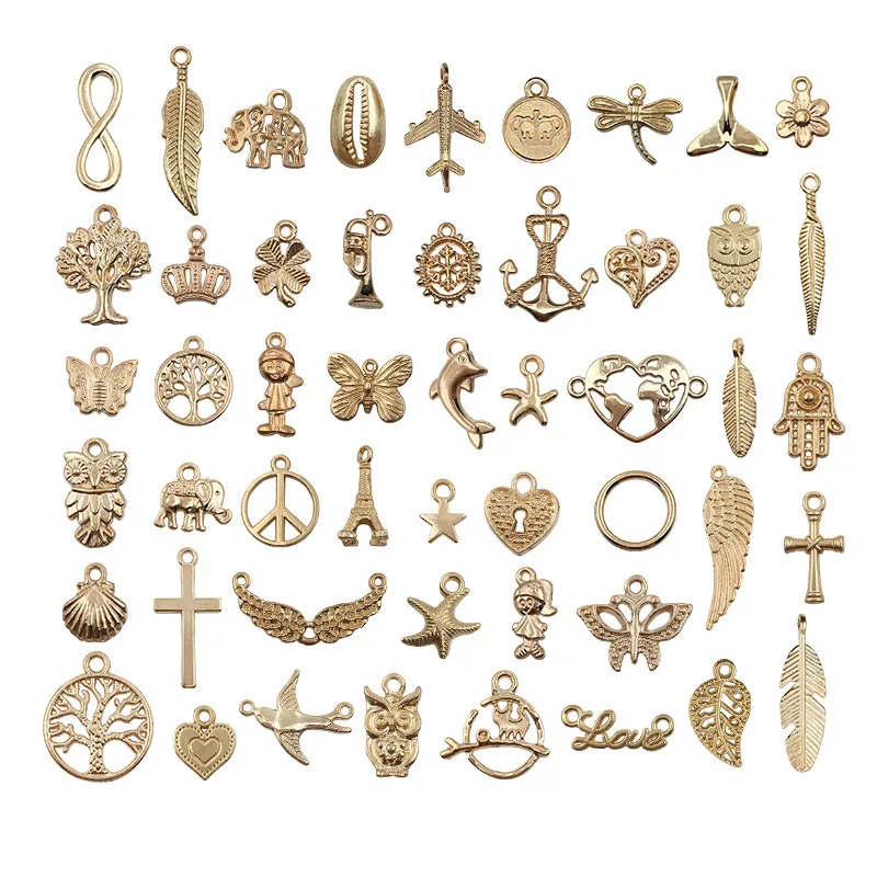100pcs/set Pcs Kc Gold Color Alloy Charm Bracelet Pendant Earring Accessories Diy Jewelry Making Necklace Multi Shaped Mix
