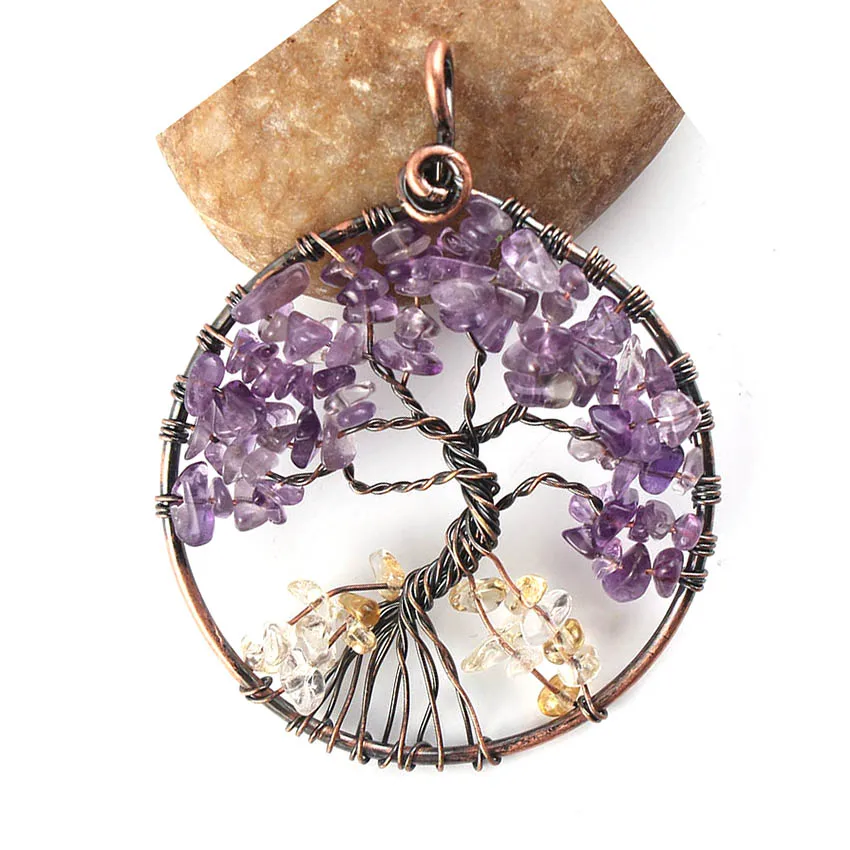 

KFT Handmade Tree of Life Pendant Copper Wire Wrapped Nautral Amethysts Citrines Quartz Crystal Stone Pendant Necklace Jewelry