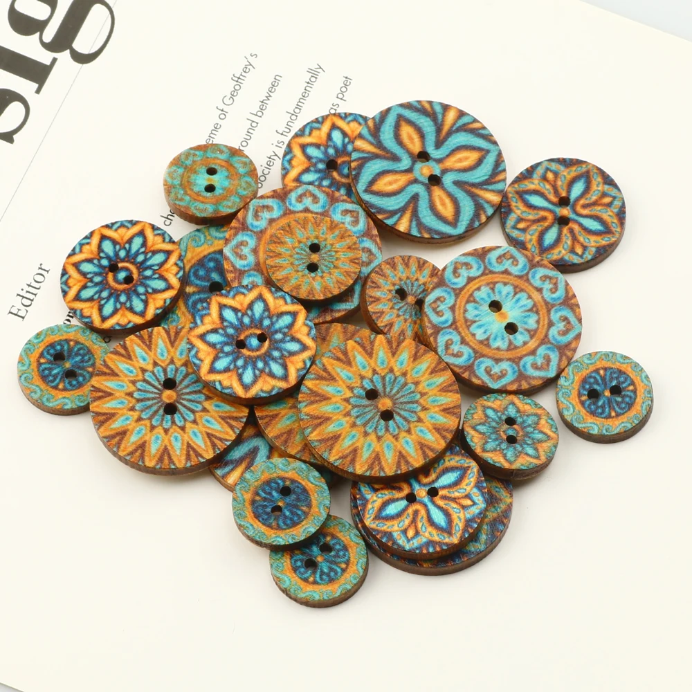 50pcs Blue Vintage Wooden Buttons 2 Holes 15/20/25mm Mixed Buttons for Clothes DIY Sewing Buttons Decorative Clothing Crafts