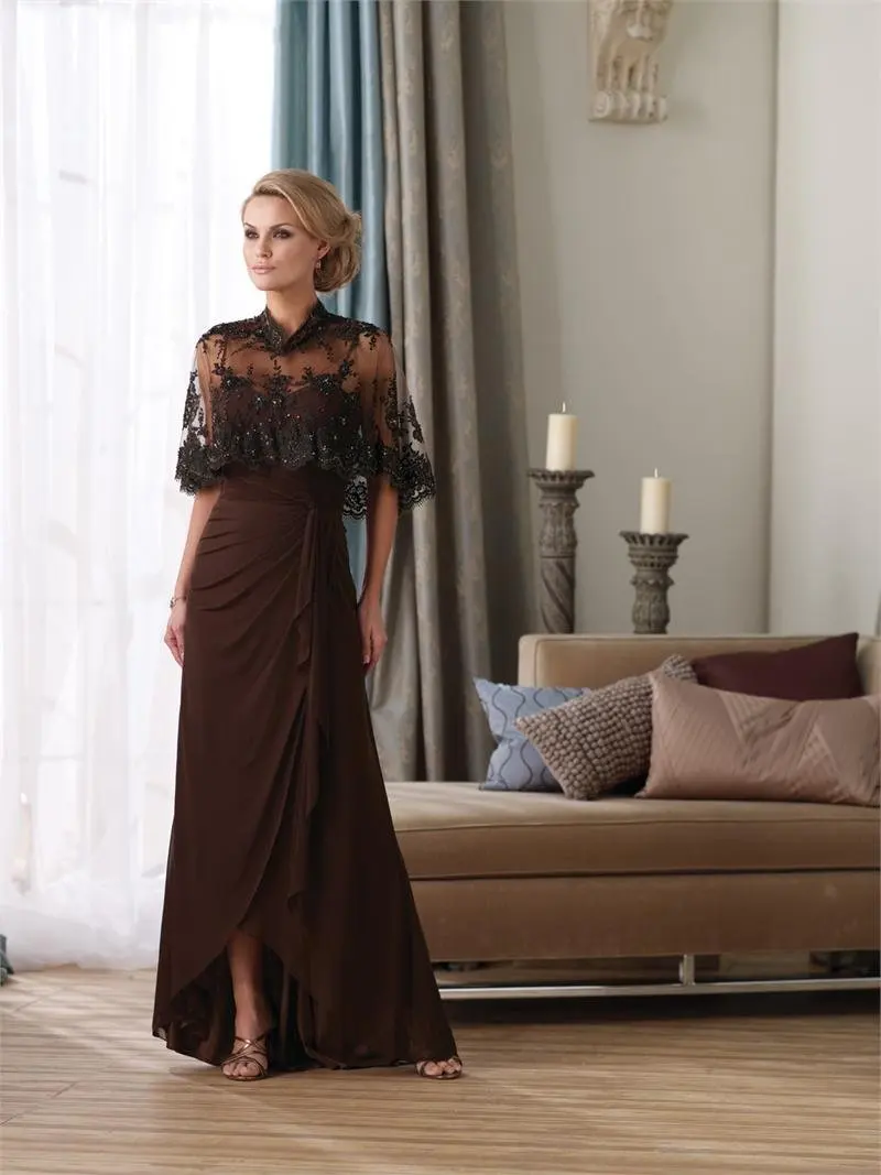 

Elegant vestido de madrinha Long Little high neck Brown Formal evening gown 2018 Mother Of The Bride Dresses With Jacket