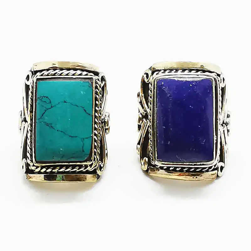 Tibetan Ring for Man Big Square Copper Metal Close Rings inlay Colorful Imitation Stone R194