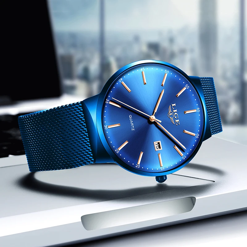 LIGE-reloj analógico de cuarzo para mujer, accesorio de marca superior de lujo, con malla azul, con fecha de acero inoxidable, esfera ultrafina a la