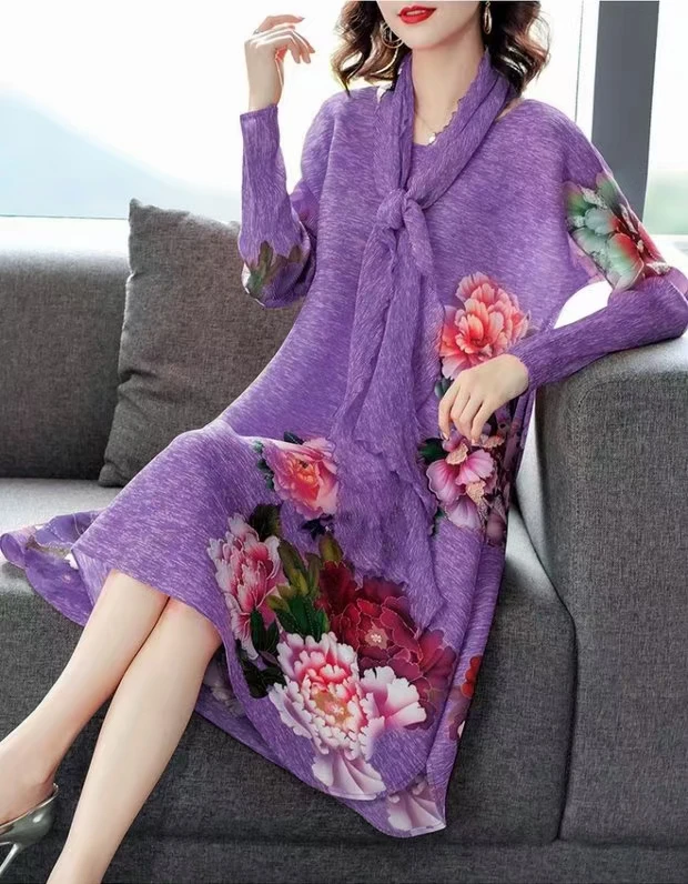 

HOT SELLING Bring print long sleeve dress fashion fold take scarf o-neck dress IN STOCK