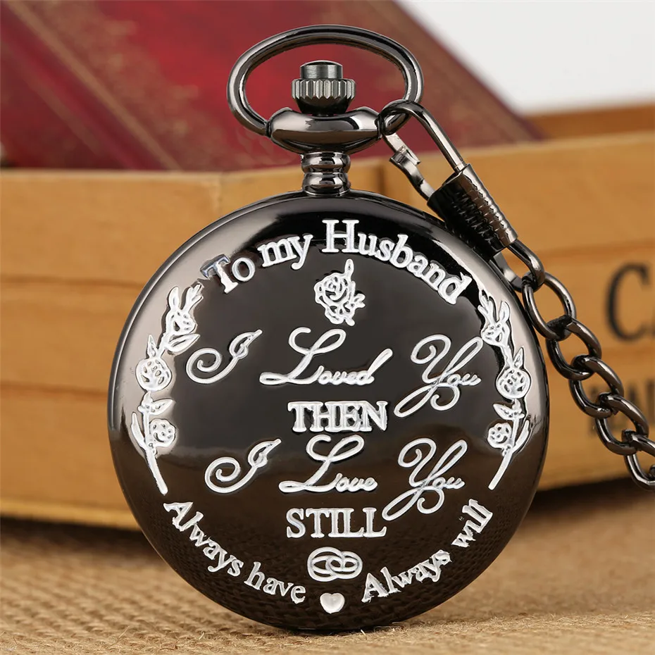 To My Husband Quartz Pocket Watch Anniversary Birthday Gift Pendant Pocket Chain Roman Numerals Dial Vintage Clock Male