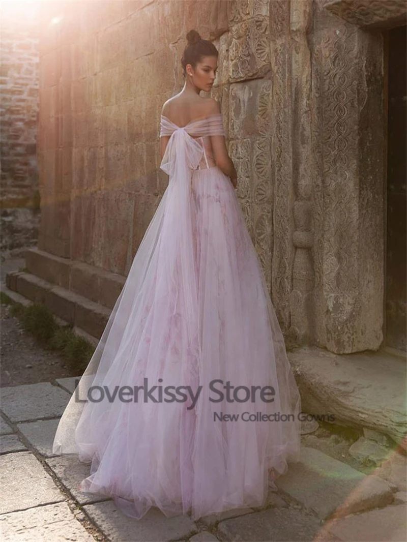 Loverkissy 2022สีชมพูชุดแต่งงาน Modern Princess Gowns แต่งงานปิดไหล่สาย Tulle Lace Appliqued ชุดเจ้าสาวชายหาด