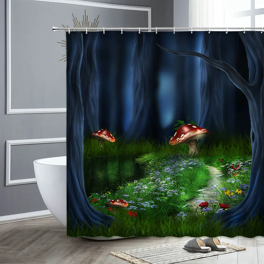 

Fantasy Forest Shower Curtain Cartoon Butterfly Girl Flowers Fairy Tale Landscape Waterproof Bathroom Curtains Set Bath Screen