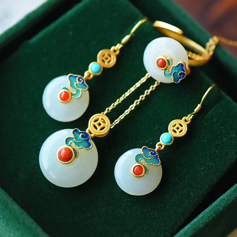 Trendy 925 Sterling Silver Earrings Women Retro Enamel Lucky Cloud White Jade Buckle Earring/Necklace/Ring /Bracelet Jewelry Set