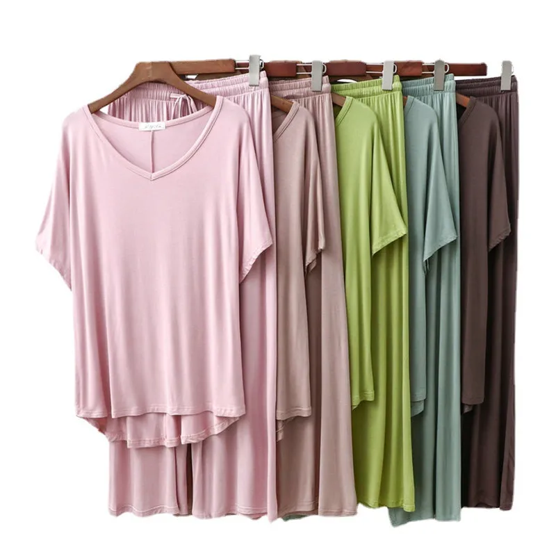 New Women Modal Pajamas Set Summer Short Sleeve Home Clothes Casual Loose V-Neck Sleepwear Female Plus Size Lounge Wear Homewear