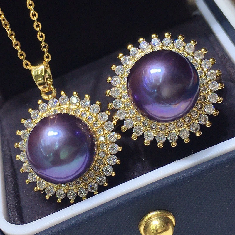 HABITOO 10-12mm Purple Reborn Keshi Pearl Pendant Ring Adustable 18k filled Gold Gorgeous Jewelry Set Charming Gifts Daily Wear