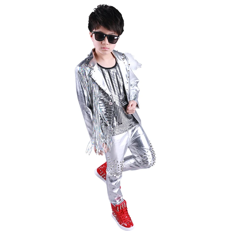 Hip Hop Costume Boys Silver Sequin Fringed Jacket Children Street Dancing Clothing Jazz Stage Wear Birthday Outfits Kids DN4975