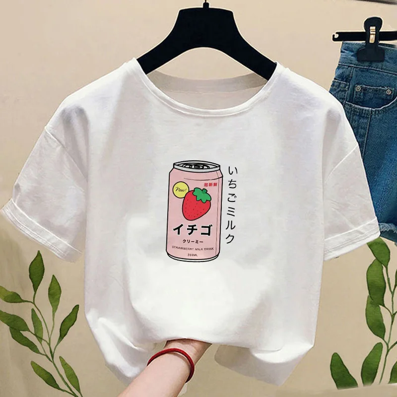 Summer Women's T-shirt Japanese strawberry milk drink short-sleeved Harajuku Kawaii graphic T-shirt Camisetas Mujer top Female