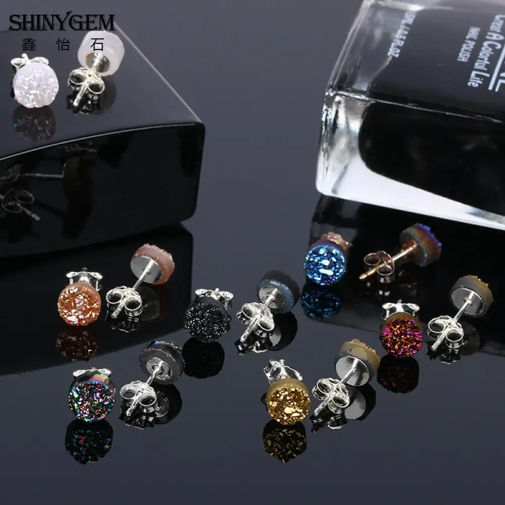 

shinygem 925silver 6mm round sparkling crystal druzy stud earrings for women gifts elegance lovely multicolor gem stone