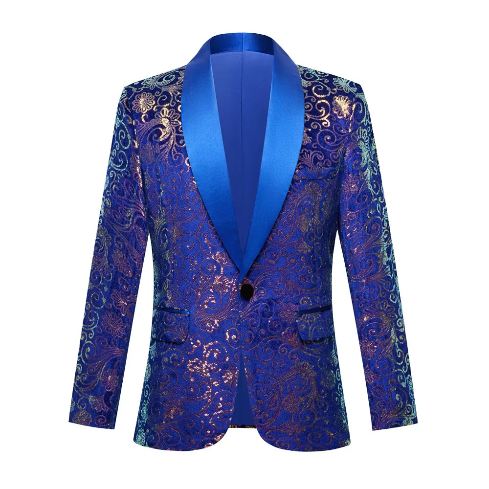 

Evening Party Glitter Sequins Blue Blazer Formal Costume Men's Singer Bar Nightclub Bar Performance Shiny Tuxedo Host Stage Wear