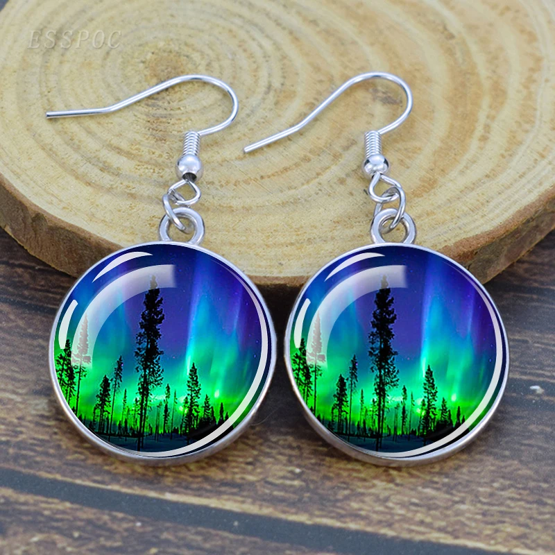 Northern Lights Art Picture Glass Cabochon Dangle Earring Alloy Drop Earrings Glass Cabochon Ear Jewelry