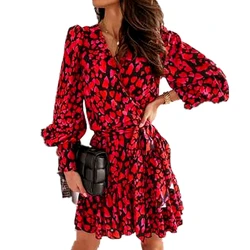 2021 Women Autumn Female A Line Office Sundress Spring Lantern Sleeve Print Wrap Dress Elegant Ruffles V Neck Red Party Dresses