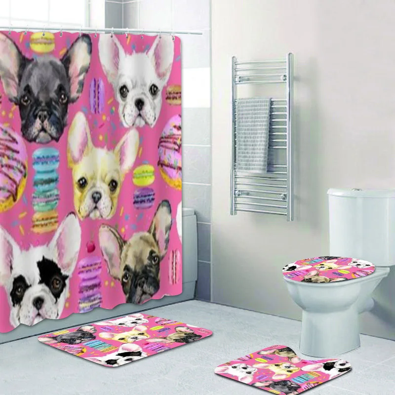 Pink Watercolor French Bulldog Puppy Bath Curtains Shower Curtain for Kids Bathroom Cartoon Sweet Dessert Frenchie Dog Mats Rug