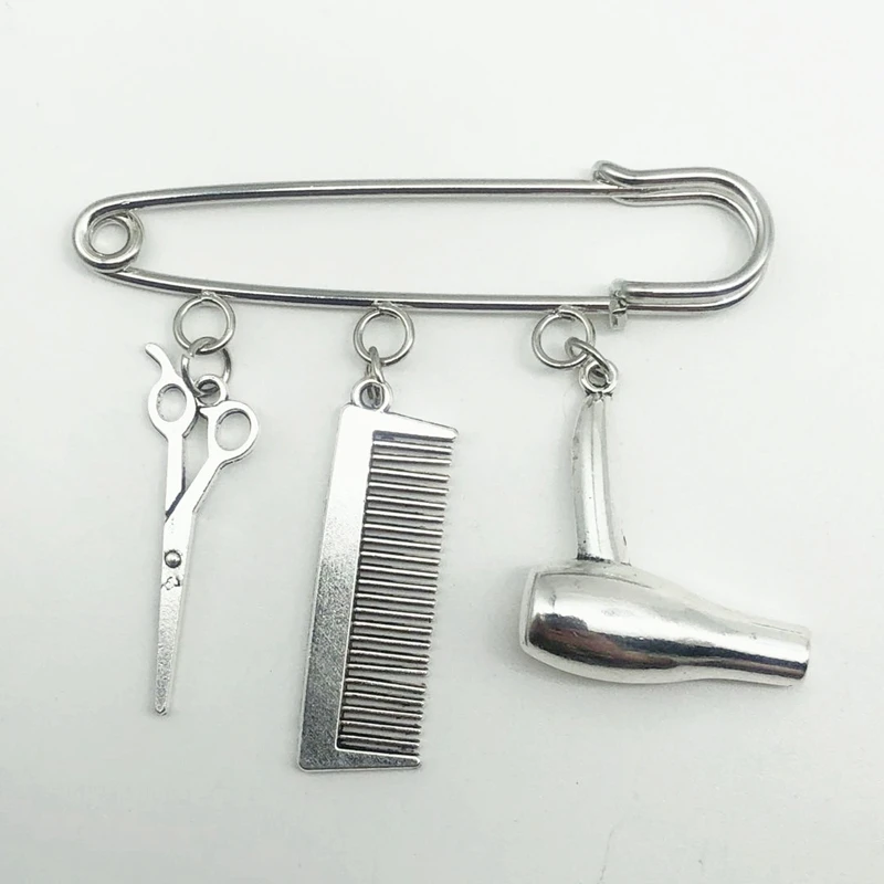 Creative Personality Hair Stylist Brooch Charm Jewelry Hairdressing Scissors Comb Pendant Washing and Cutting Brooch