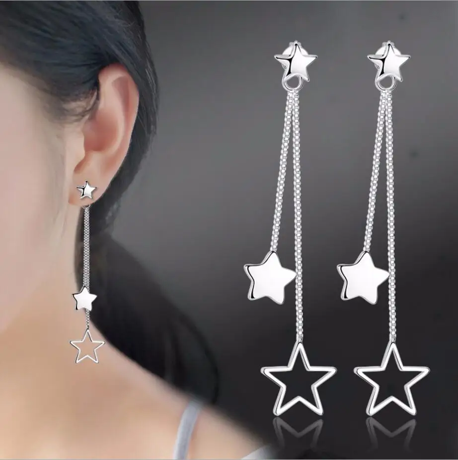 925 Sterling Silver Stud Earrings pendientes 3 Star Tassel Earrings For Women oorbellen boucle d\'oreille femme S-E316