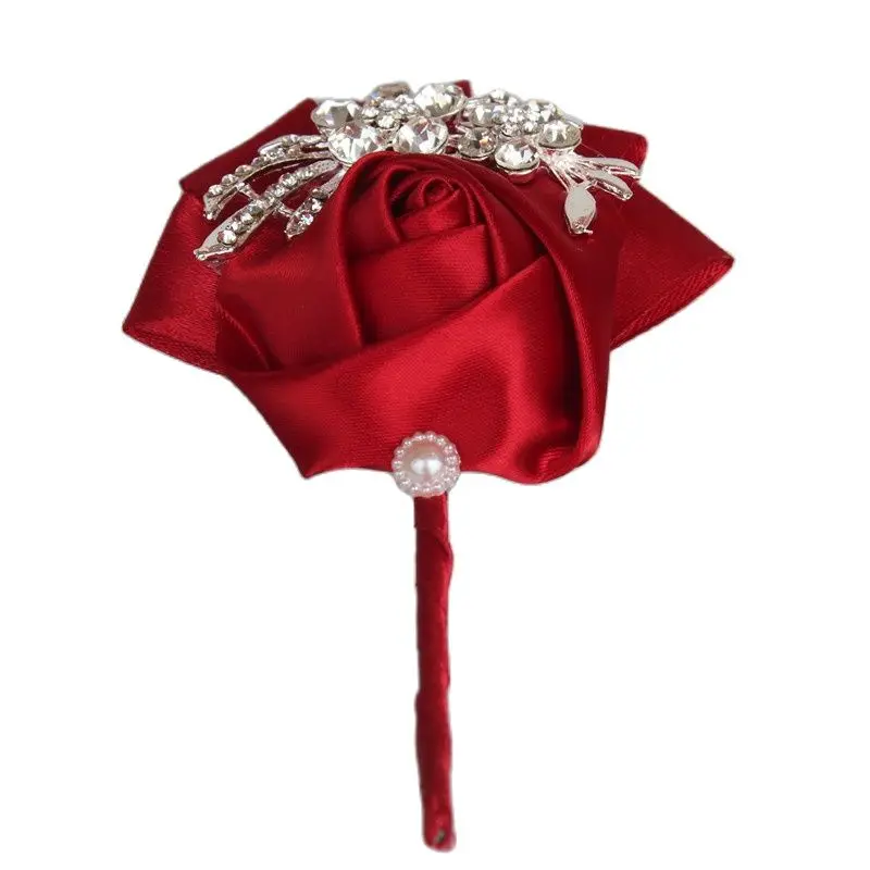 Qualidade superior diamante seda winered cor buquê corsage diamante rosa acessórios para casamento noiva e noivo broche pino X1104-1