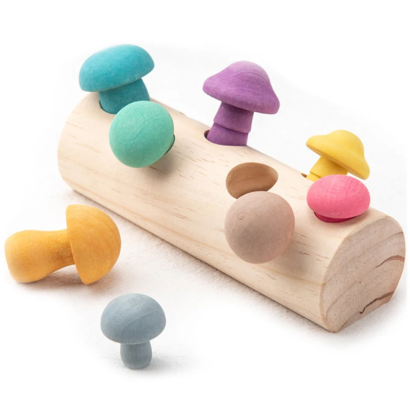 Wooden Rainbow Blocks Mushroom Picking Game Montessori Educational Wooden Baby Toys Developmental Shape Matching Assembly Grasp