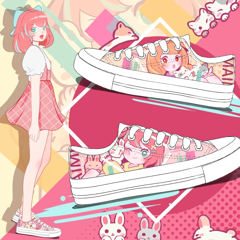 Amy and Michael Anime Cartoon Girls Hand Painted Shoes Students Casual Flat Low Top Canvas Sneakers Cute Woman Vulcanized Shoes