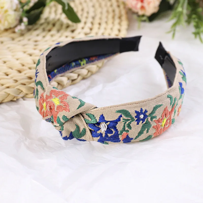 Levao Female Ethnic Hairband Embroidery Flower/Leaf Headband Head Bezel for Women Cross Knotted Hair Hoop Headbands Headwear