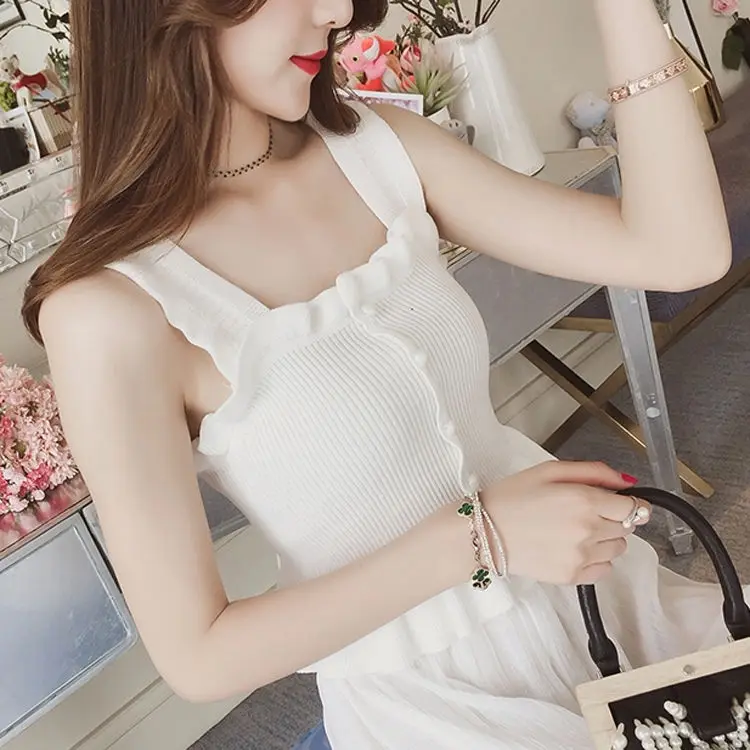 Women Corset Tops Camisole Women\'s Summer Short Ruffled Sleeveless Knitted Top Tank Camis Crop Top For Women