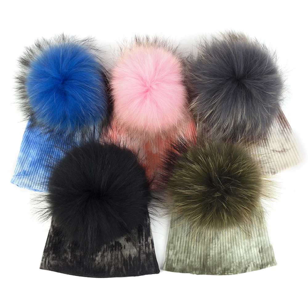 Colorful Tie-dye Real Pompom Fur Beanies 0-6month Newborns Keep Warm Threaded Hat Girls Boys Winter Knitted Hat Fashion Soft Cap