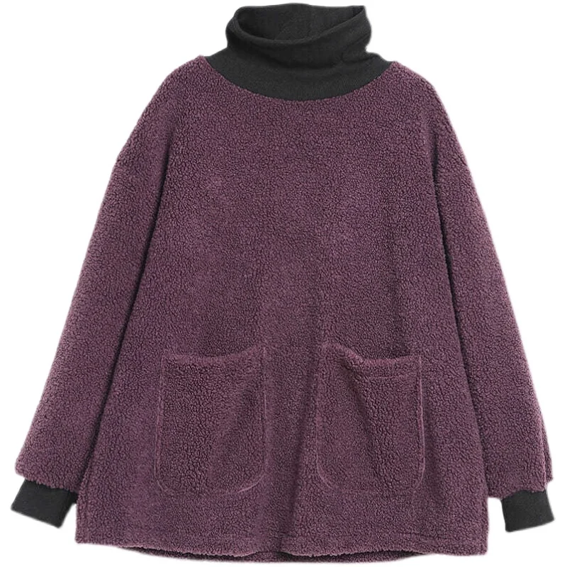 Women Lamb Wool Thicken Sweatshirts Casual Loose Turtleneck Double Pocket All-Match Warm Student Sweet Girl Daily Pullovers