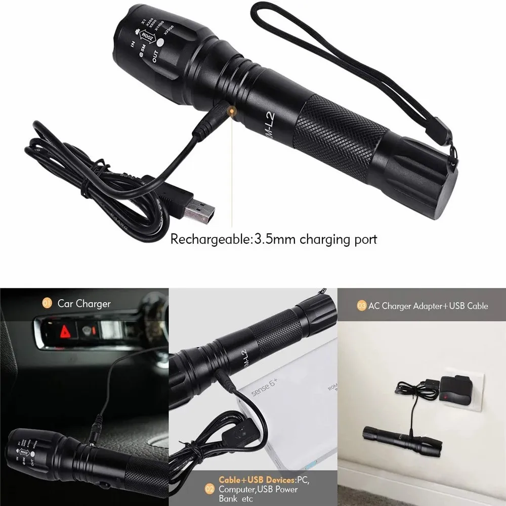 C2 15000LM LED Flashlight Rechargeable Tactical Torch Super Powerful 5 Modes Zoomable Bicycle Light For Camping Outdoor Hiking