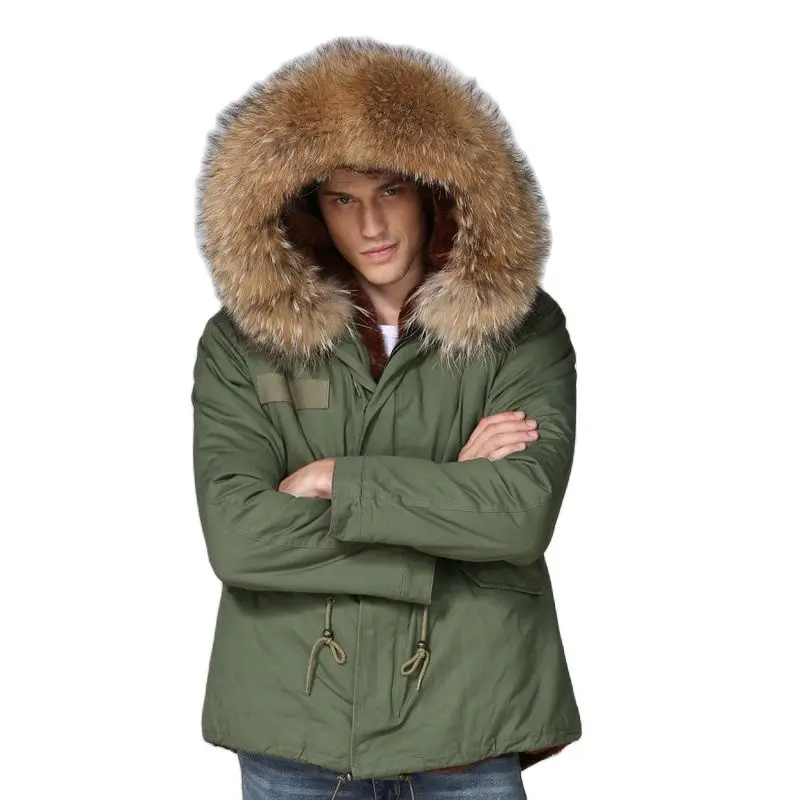 

Winter Short Army Green Mens Cotton Fur Shell Natural Raccoon Fur Thickness Fur Lining