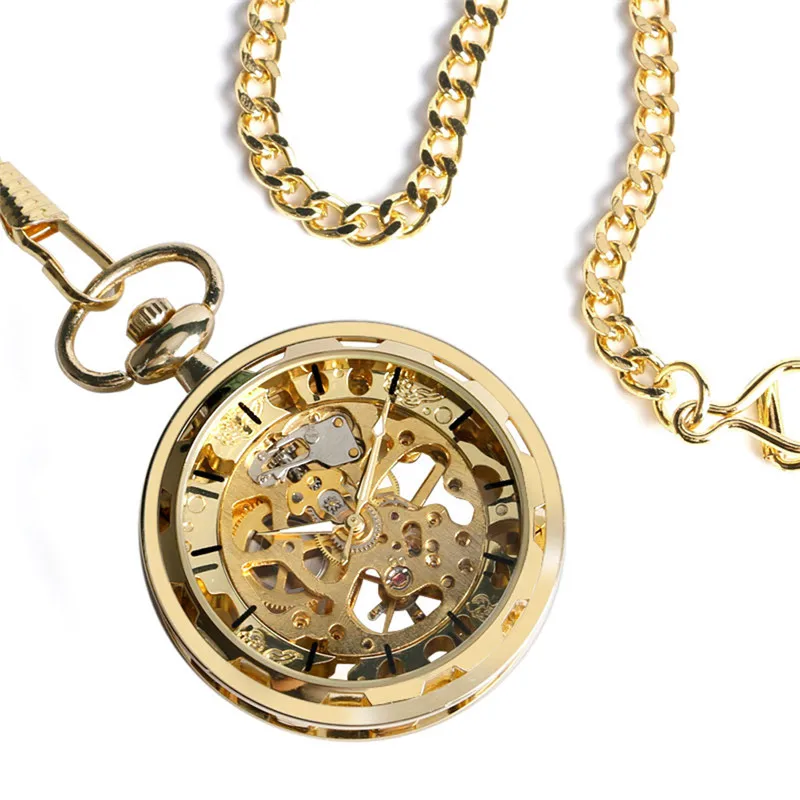 Golden Hand Winding Mechanical Pocket Watch Transparent Skeleton Fob Chain Antique Luminous Hands Clock Gift for Men Women