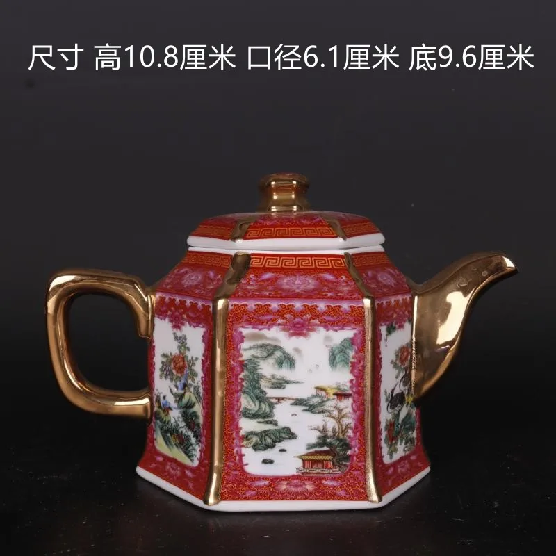 Jingdezhen Antique Qianlong Enamel Gold Teapot With Handle Hexagon Teapots With Flowers And Birds Pattern Ancient Ceramic Pot