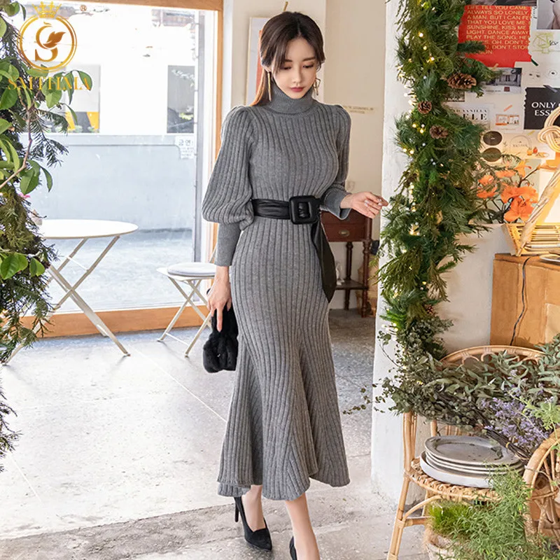 New Autumn Winter Thick Mermaid Sweater Dresses Elegant Knit Lanthern Sleeve Slim Mid-Length Female Chic Vestidos With Belt