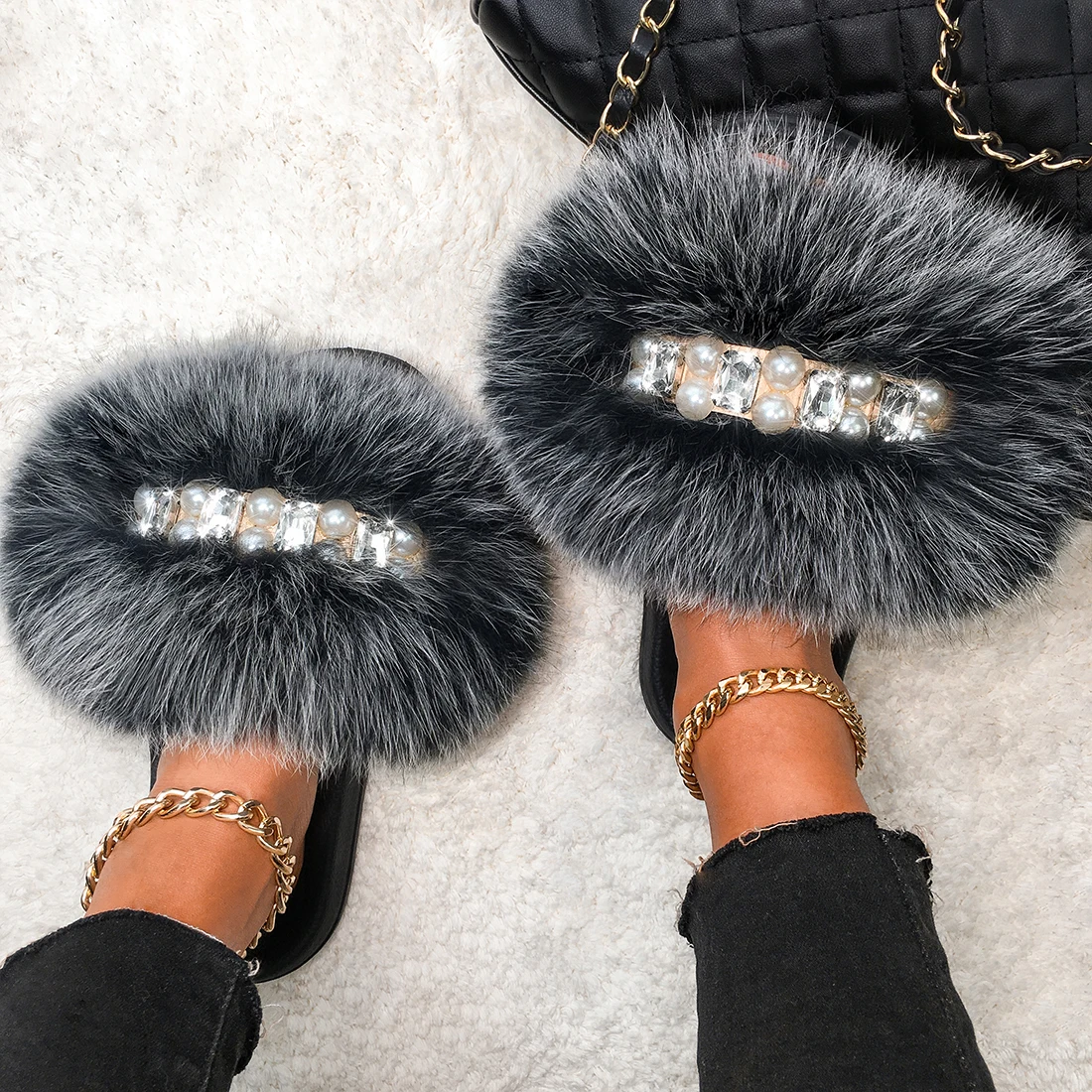 Plush Slippers Flip Flops Pearl Chain Real Fox Fur Slides For Women Fluffy Summer Sandals Furry Slippers Female Flat Home Shoes