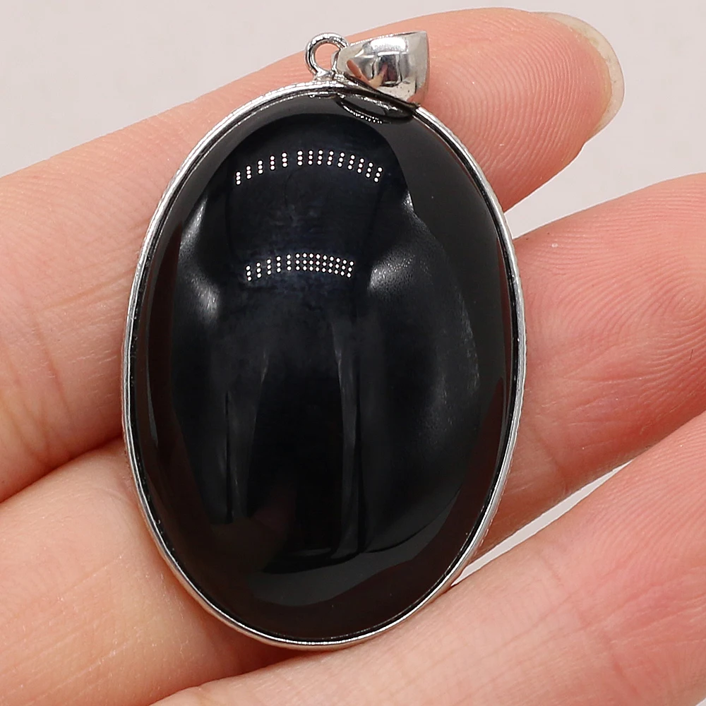 Natural Stone Black Agate Round Egg Shape Pendant Handmade For Jewelry MakingDIY Necklace Earring Accessories Charm Gift 25x35mm