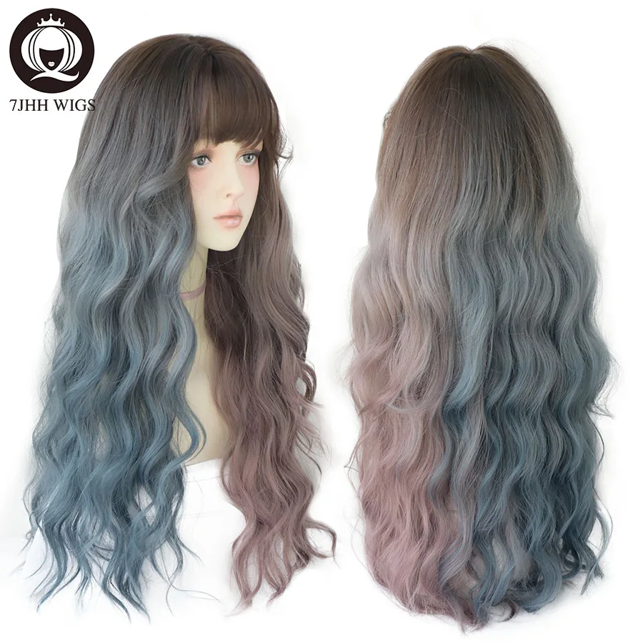 7JHH Deep Wave Long Hair Omber Blue Red Black Wigs For Women Colored Heat Resistant Hair Lolita Wigs With Bangs Wholesale