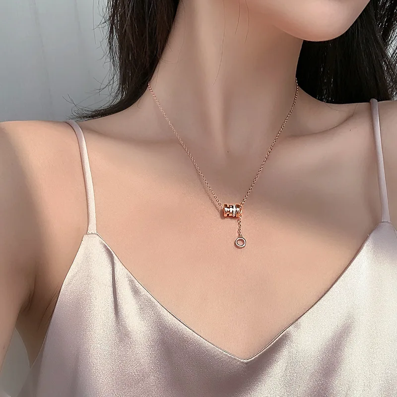 Silver Color Necklace For Women Rose Gold Transit Chain Roman Diamond Circle Pendant Roman Numeral Fashion Wedding Party Jewelry