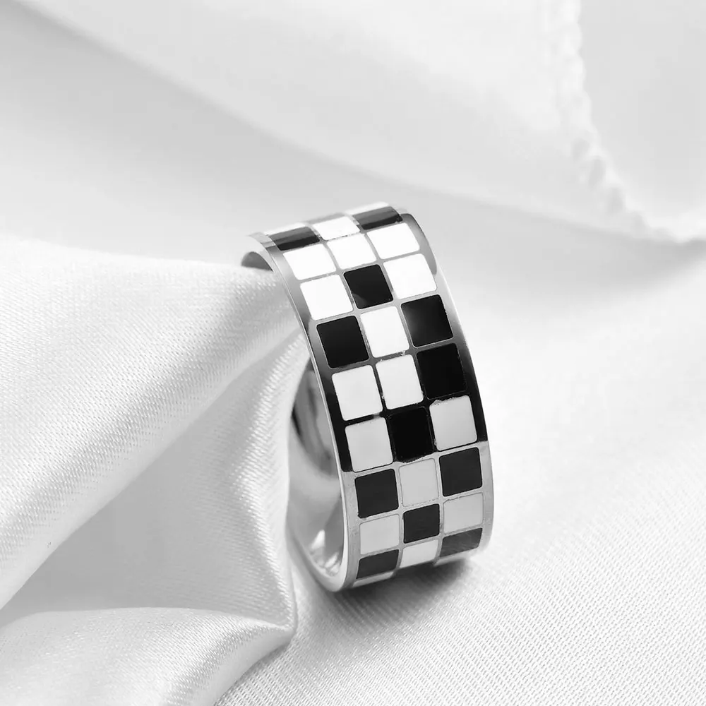 Classic Enamel Black White Checkerboard Grid Y2K  Jewelry Chunky Rings For Women Stainless Steel Gemetric Dome Rings Accessories