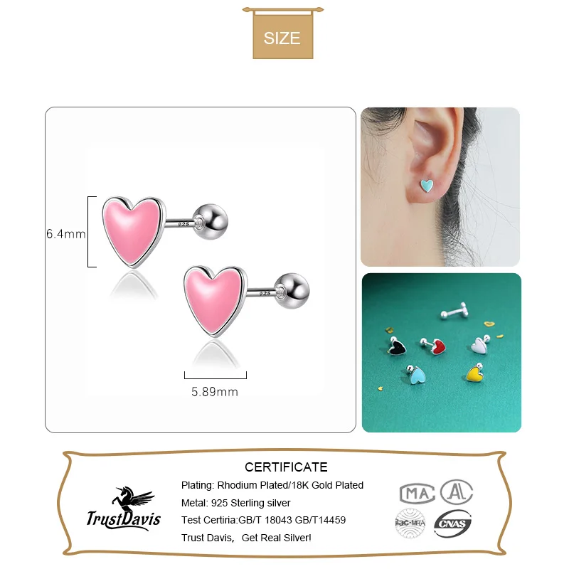 TrustDavis Real 925 Sterling Silver Fashion Sweet Glaze Heart Screw Stud Earrings For Women Wedding Party Fine Jewelry DA3011