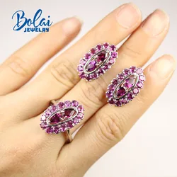 bolaijewelry,925 sterling silver fashion natural rhodolite ring and earring set,for anniversary, party wear fine jewelry