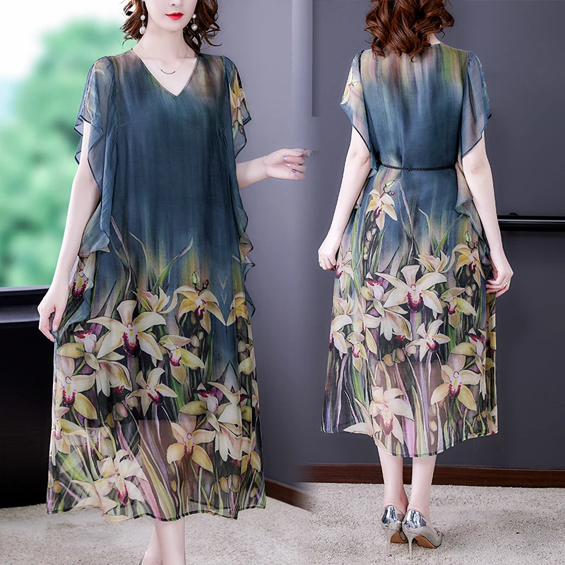 2024 Loose Print Natural Silk Midi Dress Summer Vintage Casual Chiffon Dress Elegant Women Bodycon Party Evening Vestidos