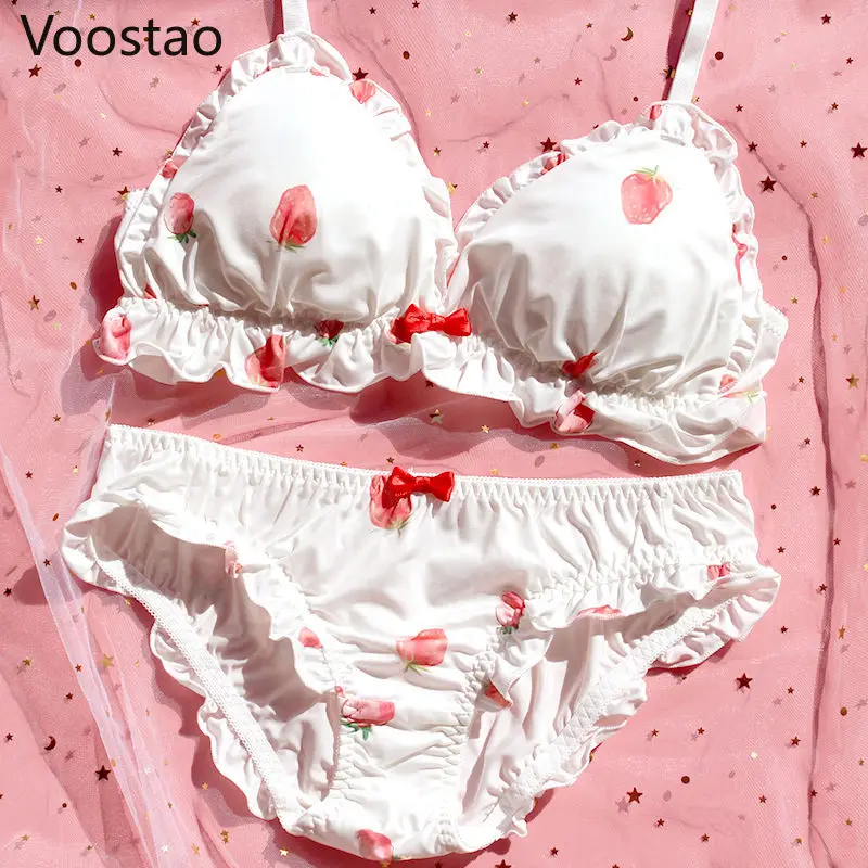 Sweet Lolita Style Women Cute Strawberry Print Bra Panties Lingerie Set Japanese Girl Kawaii Soft Underwear Panty Intimates Sets