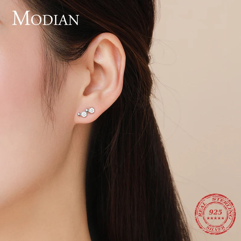 Modian Real 925 Sterling Silver Minimalism Round Stud Earrings Clear CZ Stone For Women Girls Fine Jewelry 2020 Bijoux Earring