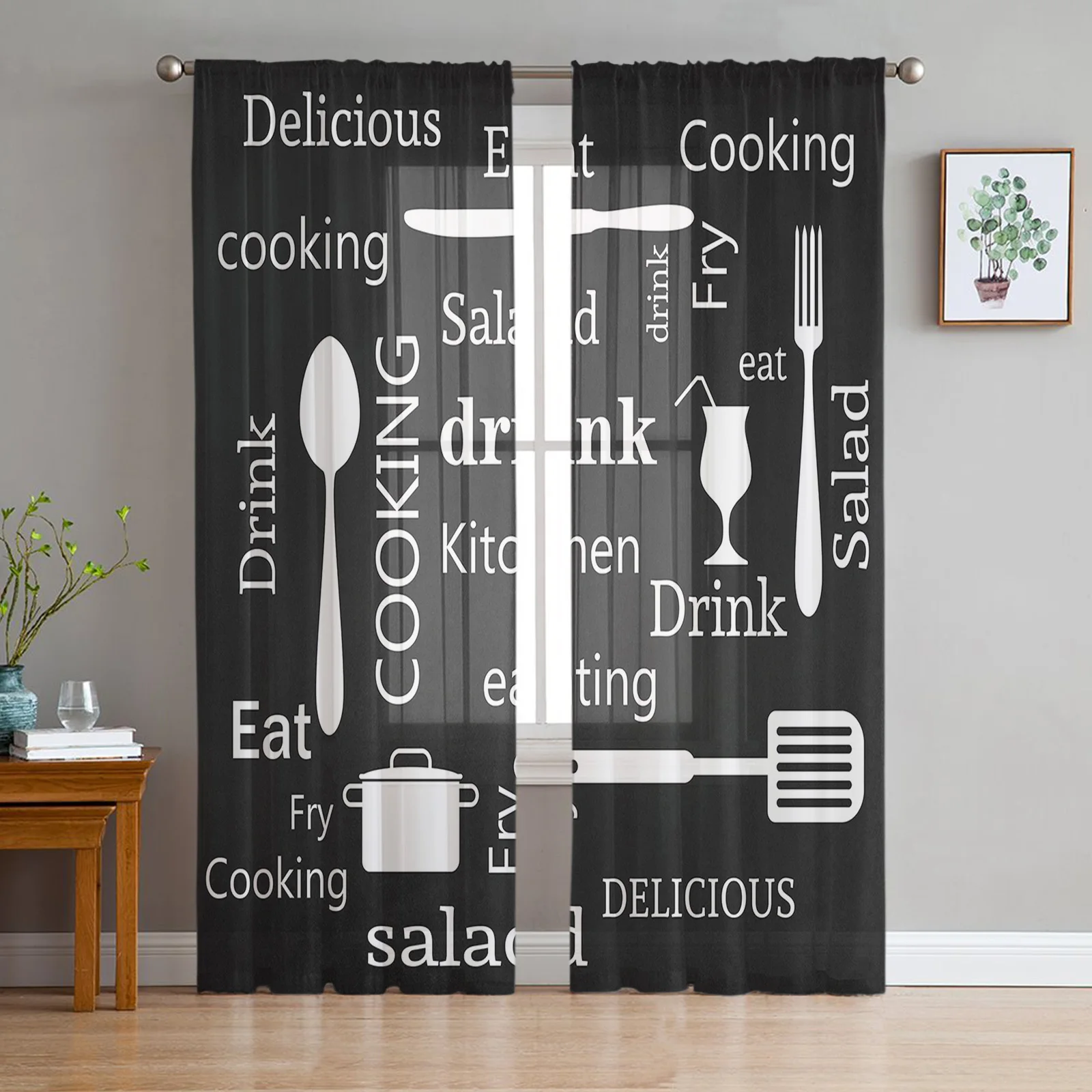 Kitchen Text Knife And Fork Curtain For Living Room Transparent Tulle Curtains Window Sheer For The Bedroom Accessories Decor