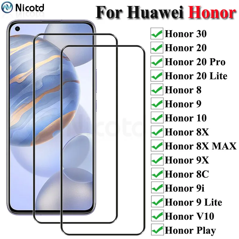 Защитное стекло для Huawei Honor 30, 20, 10, 9 Lite Pro, Honor Note 10, 8, 8C, 8X MAX, 9X, 9i Play, 2 шт.