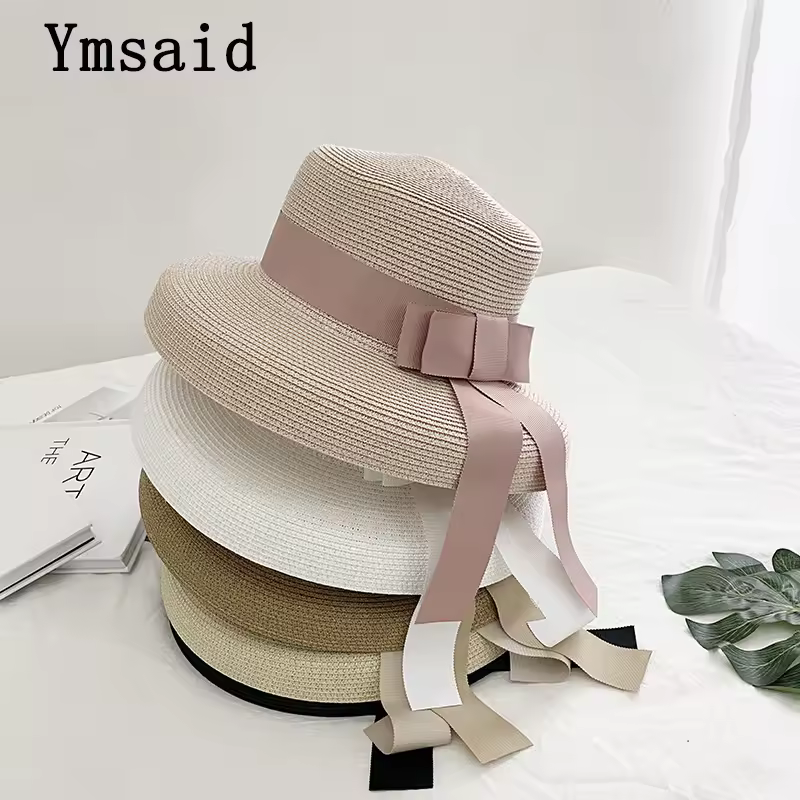 2025 New Summer Sun Hat Bow Straw Hat Visor Temperament Flat Panama Hats Women's Sea Beach Vacation Leisure Sunscreen Hat