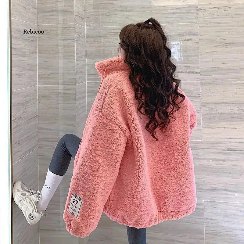 Women Fleece Teddy Jackets Zipper Solid Pocket lapel Coat Winter Warm Wool Zip-up Cotton Coat Outwear Casual Sweatshirt